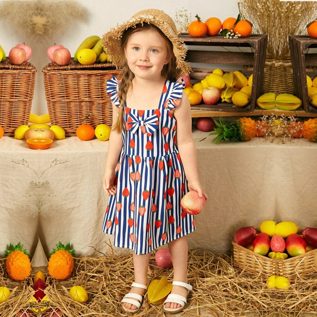 Kids New Stylish Fashion Blue Lining Strawberry Frock & Dress for Baby Girls.