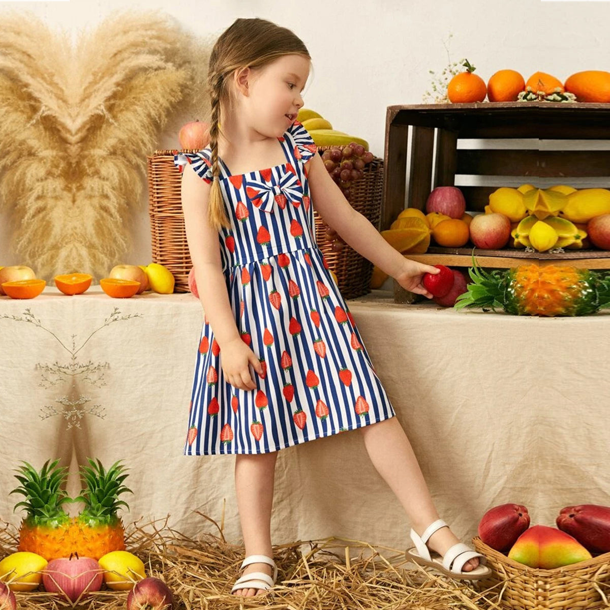 Kids New Stylish Fashion Blue Lining Strawberry Frock & Dress for Baby Girls.