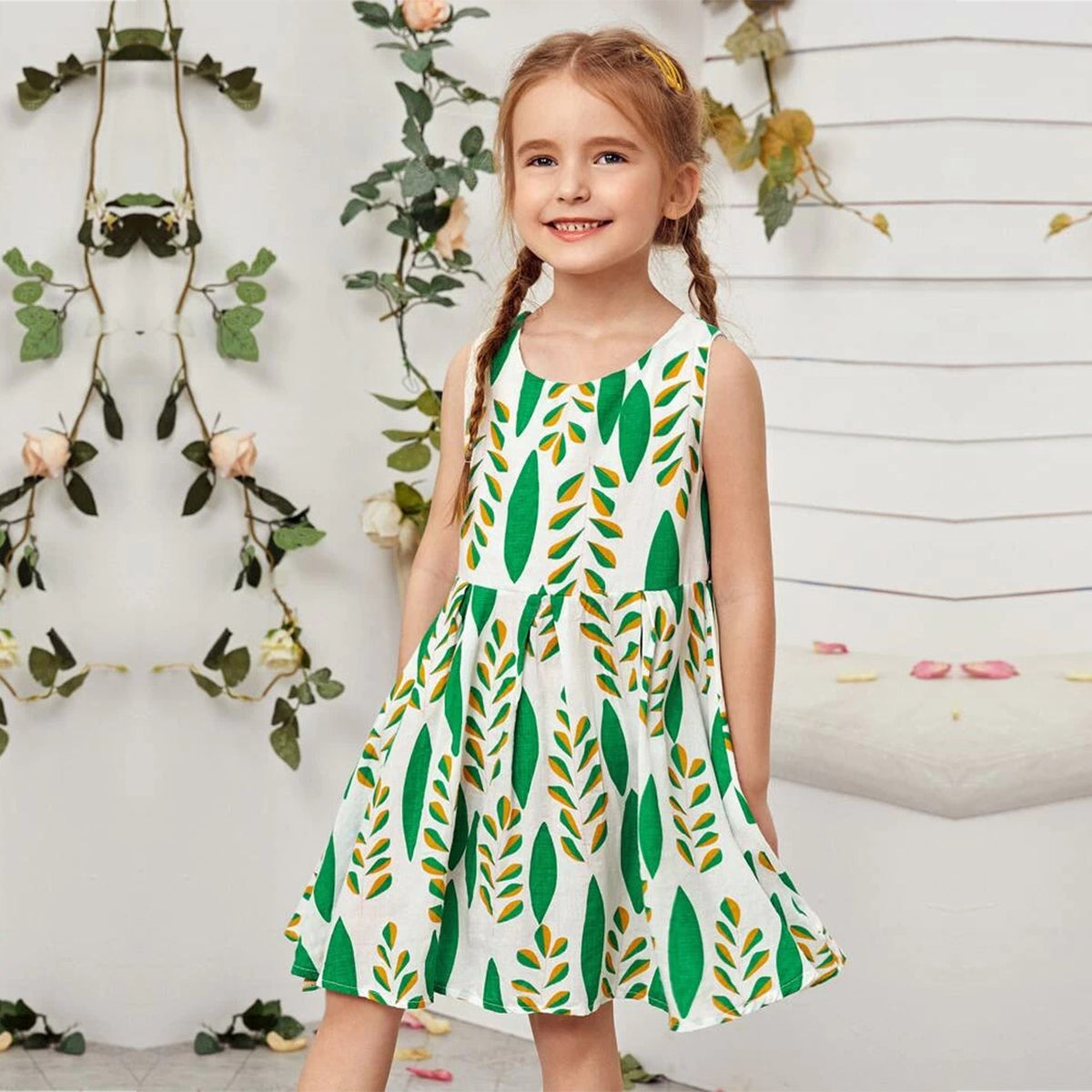 Stylish Colorfull Green Floral Designer Midi Frock_Dresses for Baby Girl.