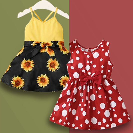 BabyGirl's Stylish Designer Cotton Sunflower & Maroon Dot Round Tunic Combo Frocks & Dresses for Kids.