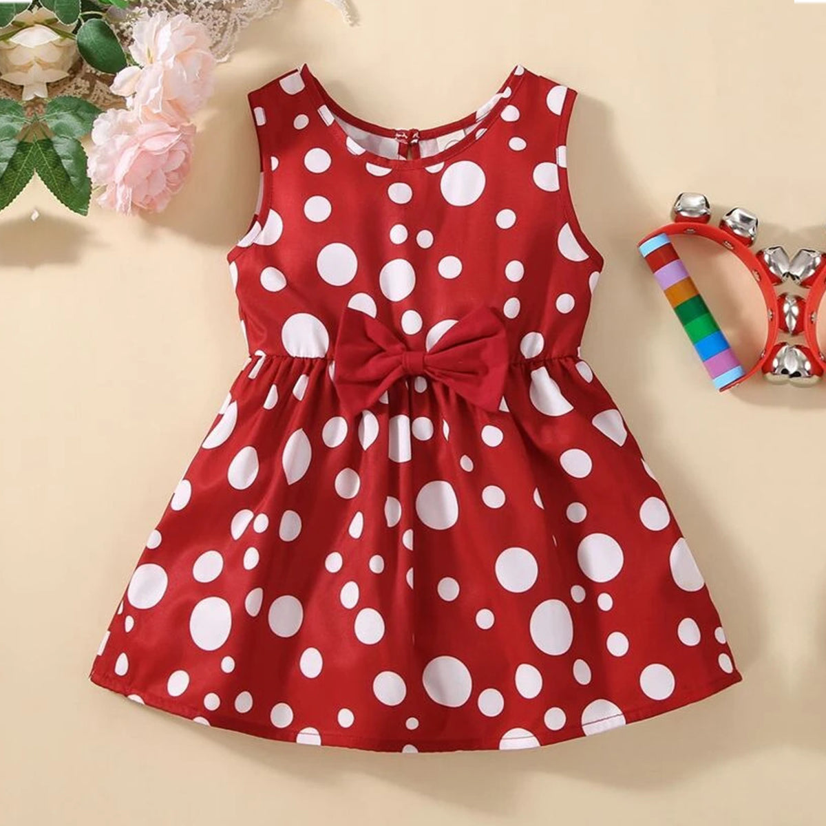 BabyGirl's Stylish Designer Cotton Sunflower & Maroon Dot Round Tunic Combo Frocks & Dresses for Kids.