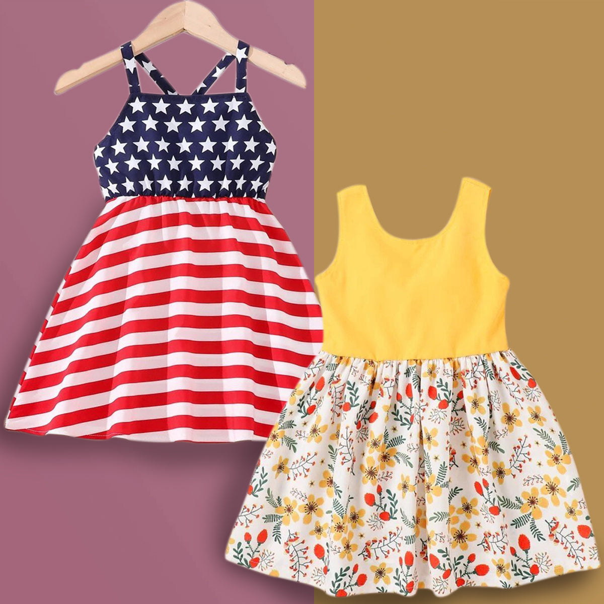 BabyGirl's Yellow Flotal & Red Blue Multi Lining Dresses_Frocks Combo for Baby Girls.