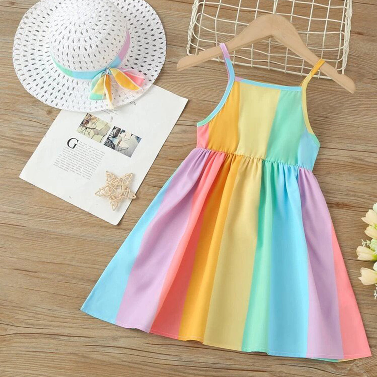 BabyGirl's Cotton Colorful Stripe Rainbow Lining Frocks & Dresses for Kids.
