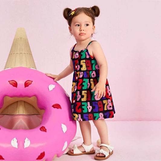 Princess BabyGirl Stylish Allover Letter Cami Cotton Frocks & Dresses for Kids.