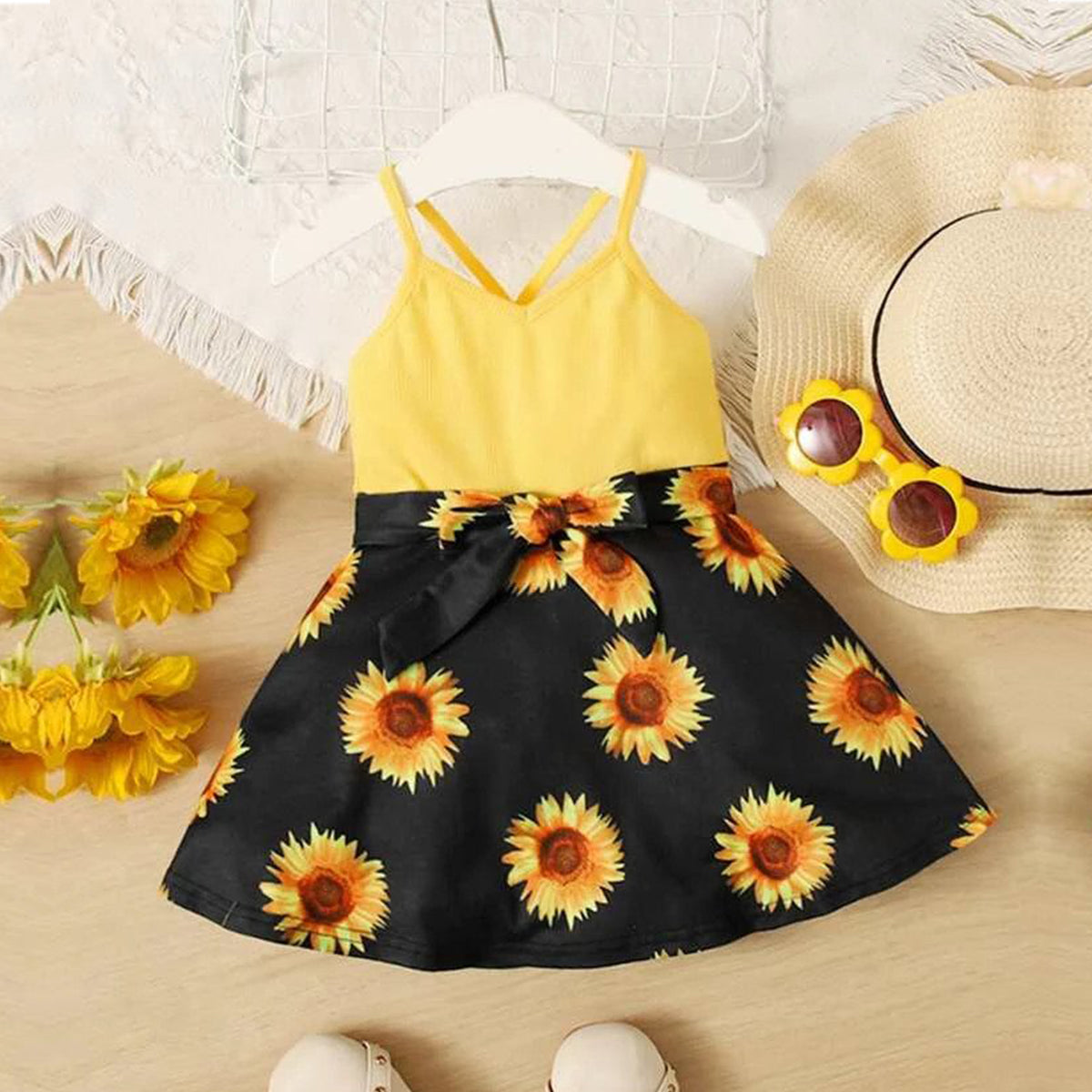 BabyGirl's Stylish Cotton Yellow SunFlower Cami Frocks & Dresses for Kids.