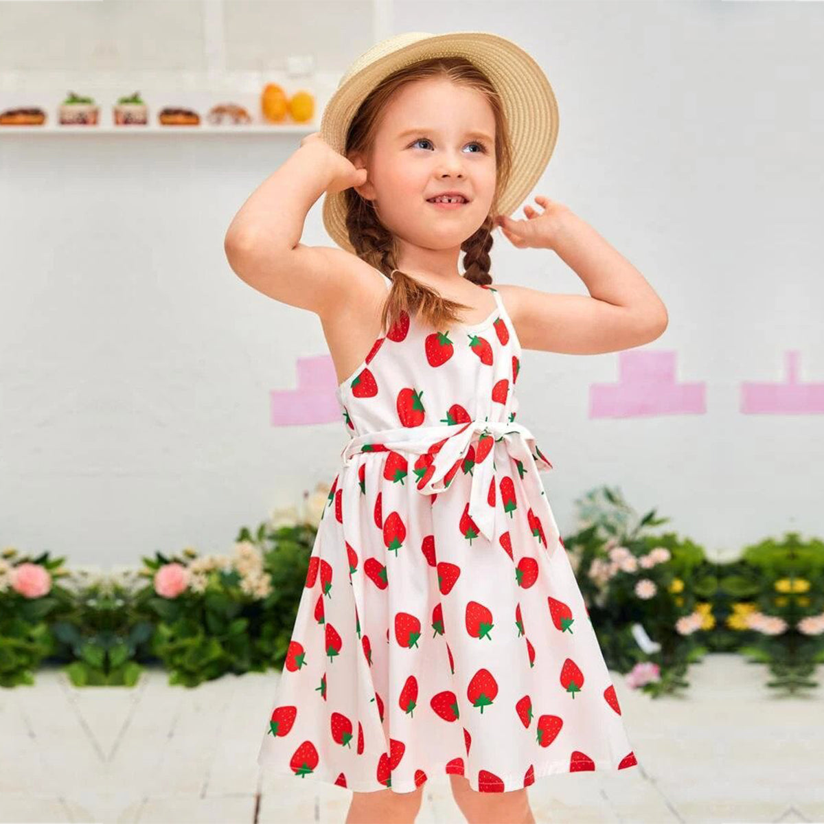 Toddler Girls Stylish Allover Strawberry Belted Designer Frocks for Baby Girl.