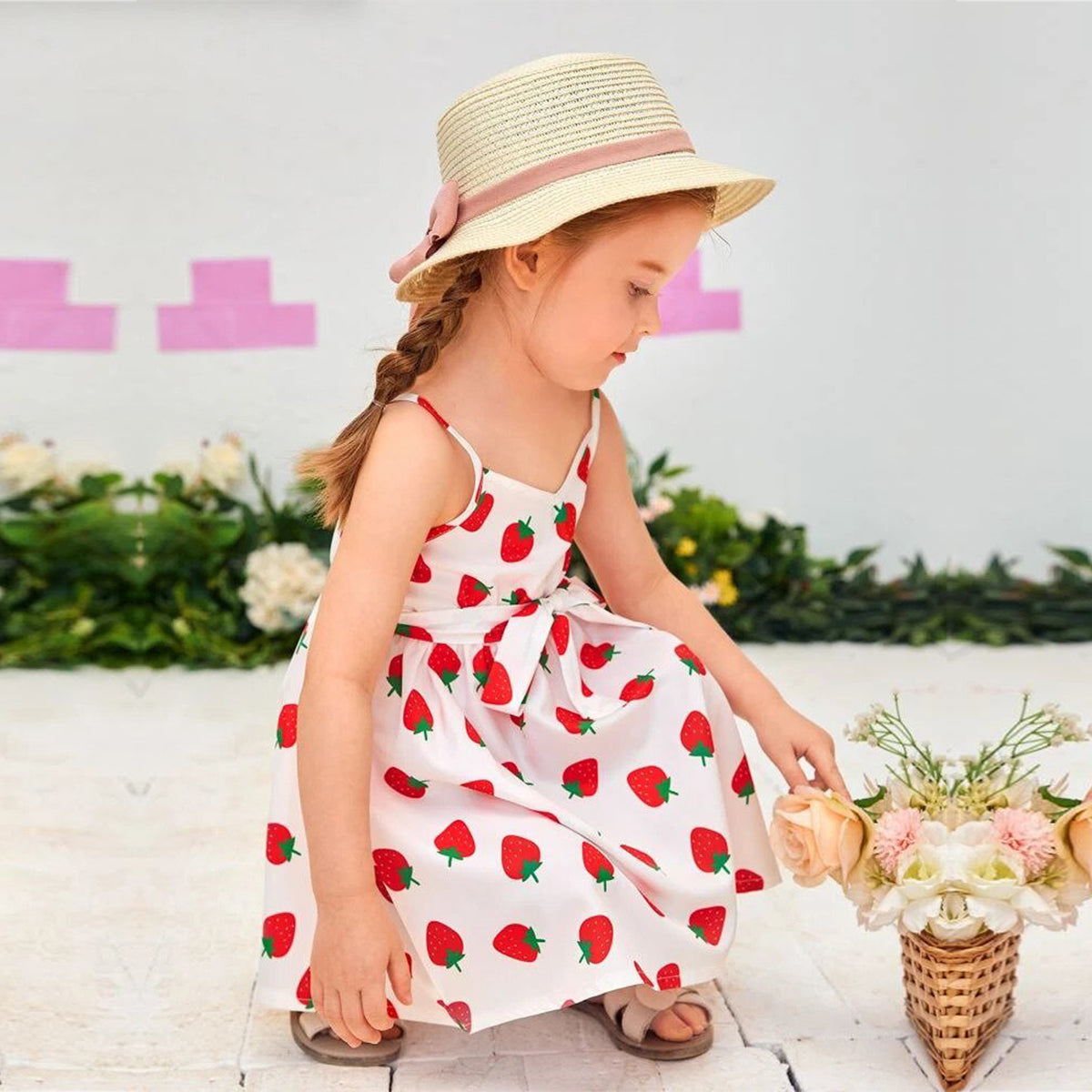 Toddler Girls Stylish Allover Strawberry Belted Designer Frocks for Baby Girl.