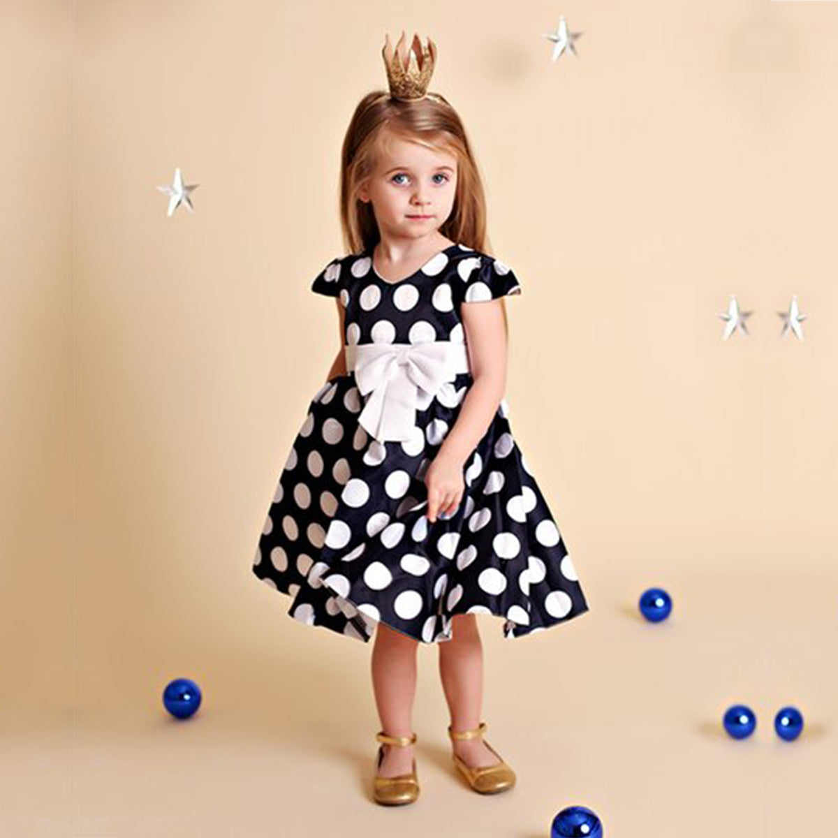 Toddler Girls Polka White_Black Dot Belted Designer Frocks for Baby Girl.