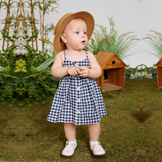 Girls Gingham White_Black Button Front Designer Frocks for Baby Girl.