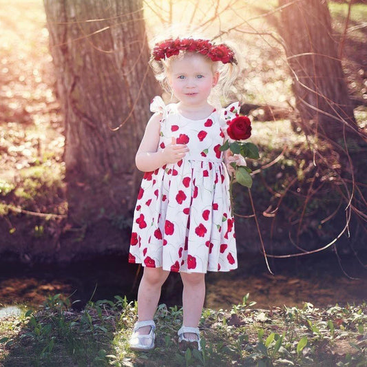 Girls Princess White Red Rose Flutter Sleeve Designer Frocks for Baby Girl.