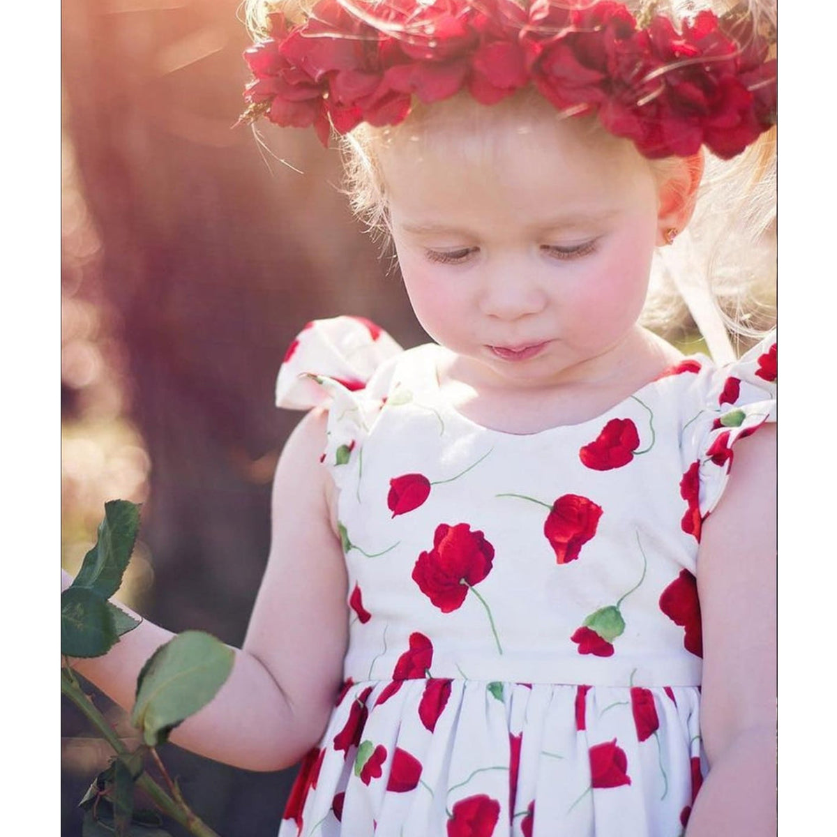 Girls Princess White Red Rose Flutter Sleeve Designer Frocks for Baby Girl.