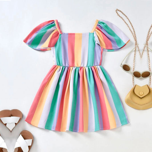 Babydoll Princess Rainbow Stripe Cap Designer Frocks for Baby Girl.