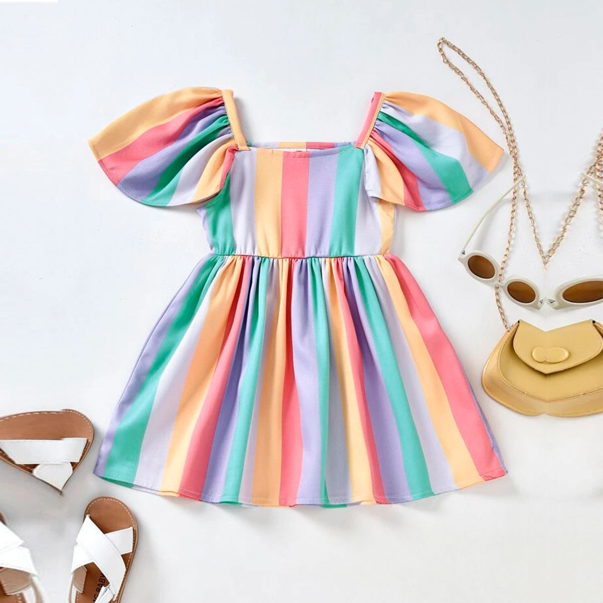 Babydoll Princess Rainbow Stripe Cap Designer Frocks for Baby Girl.