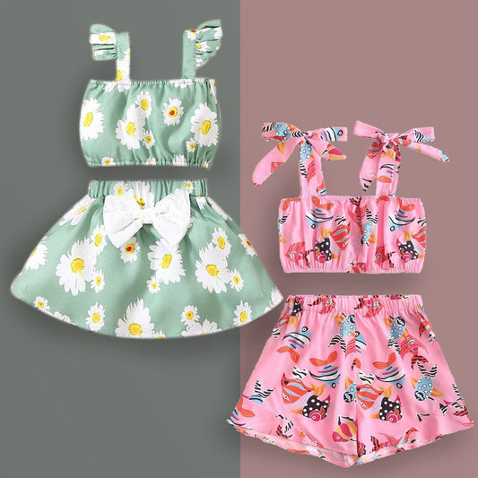 Princess BabyGirl's Pink Fish & Light Green Floral Top Sleeveless And Shorts (Combo Pack Of 2) for Kids.