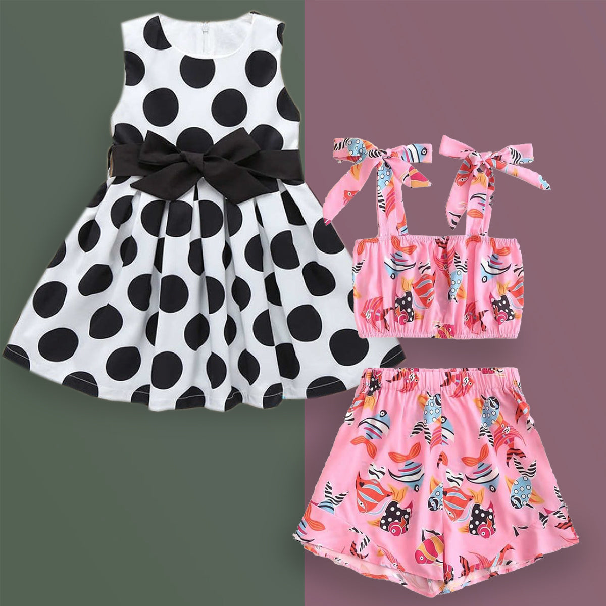 Stylish Looking Designer Pink Fish & Black_White Dot Top Dresses (Combo Pack Of 2) for Kids.