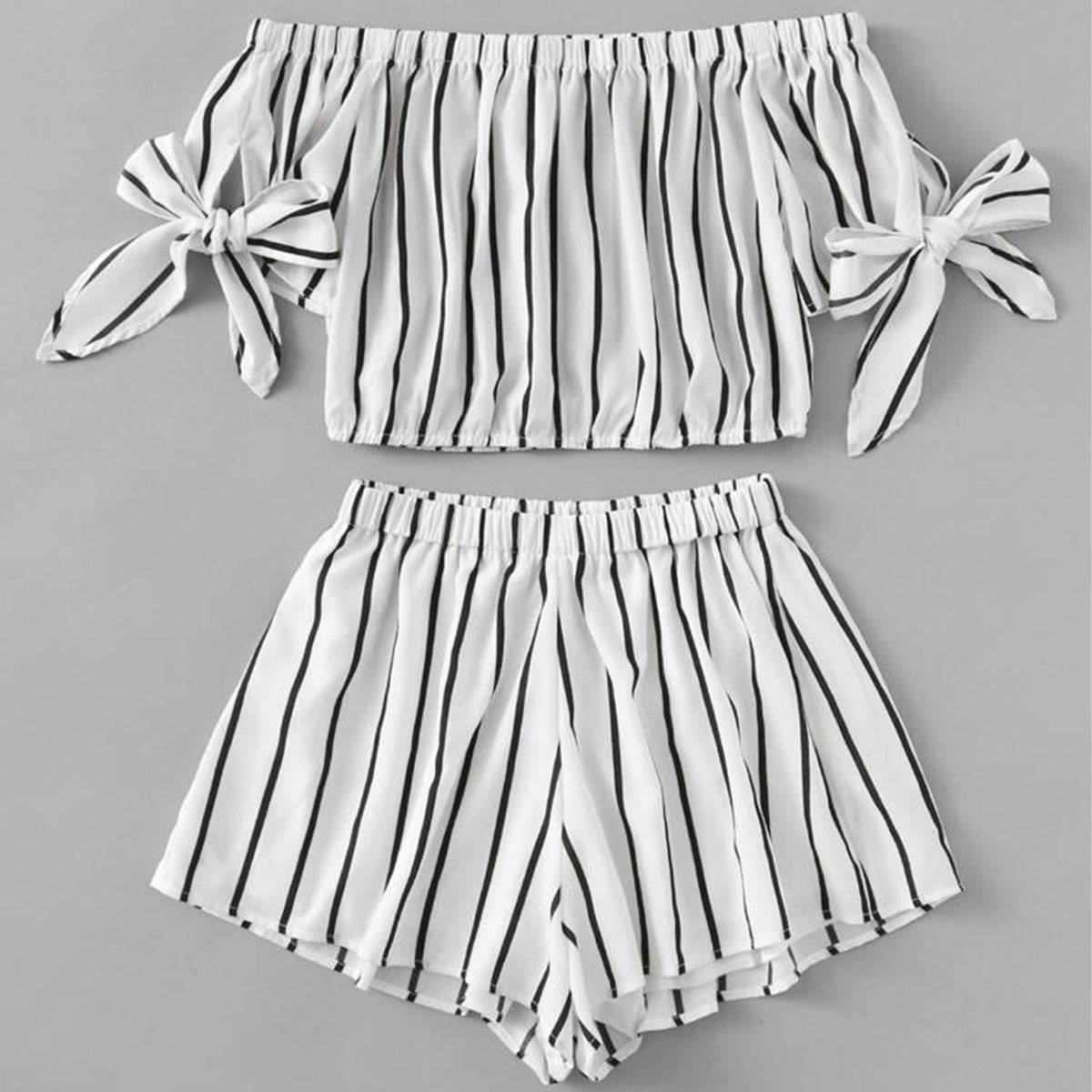 BabyGirl's Off Shoulder Top And Stripes Shorts Set For Kids.