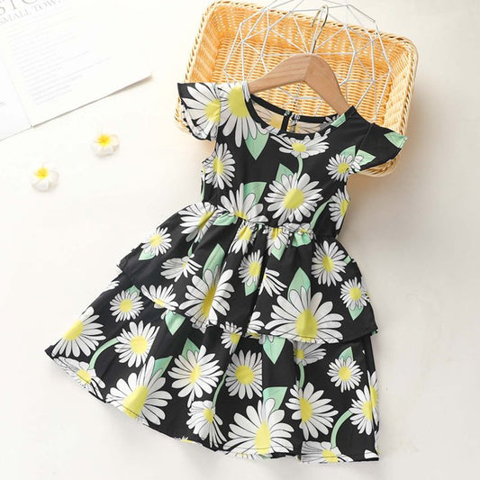 Kids New Fashion Floral Print Layered Sleeve Designer Dresses & Frocks for Baby Girls.