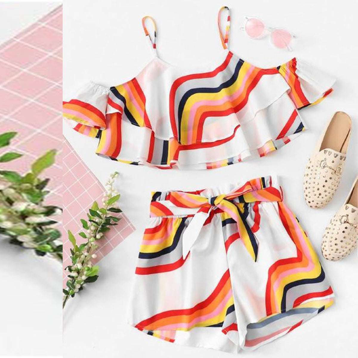 BabyGirl's Off Shoulder Lining Top Sleeveless And Stripes Shorts Set For Kids.