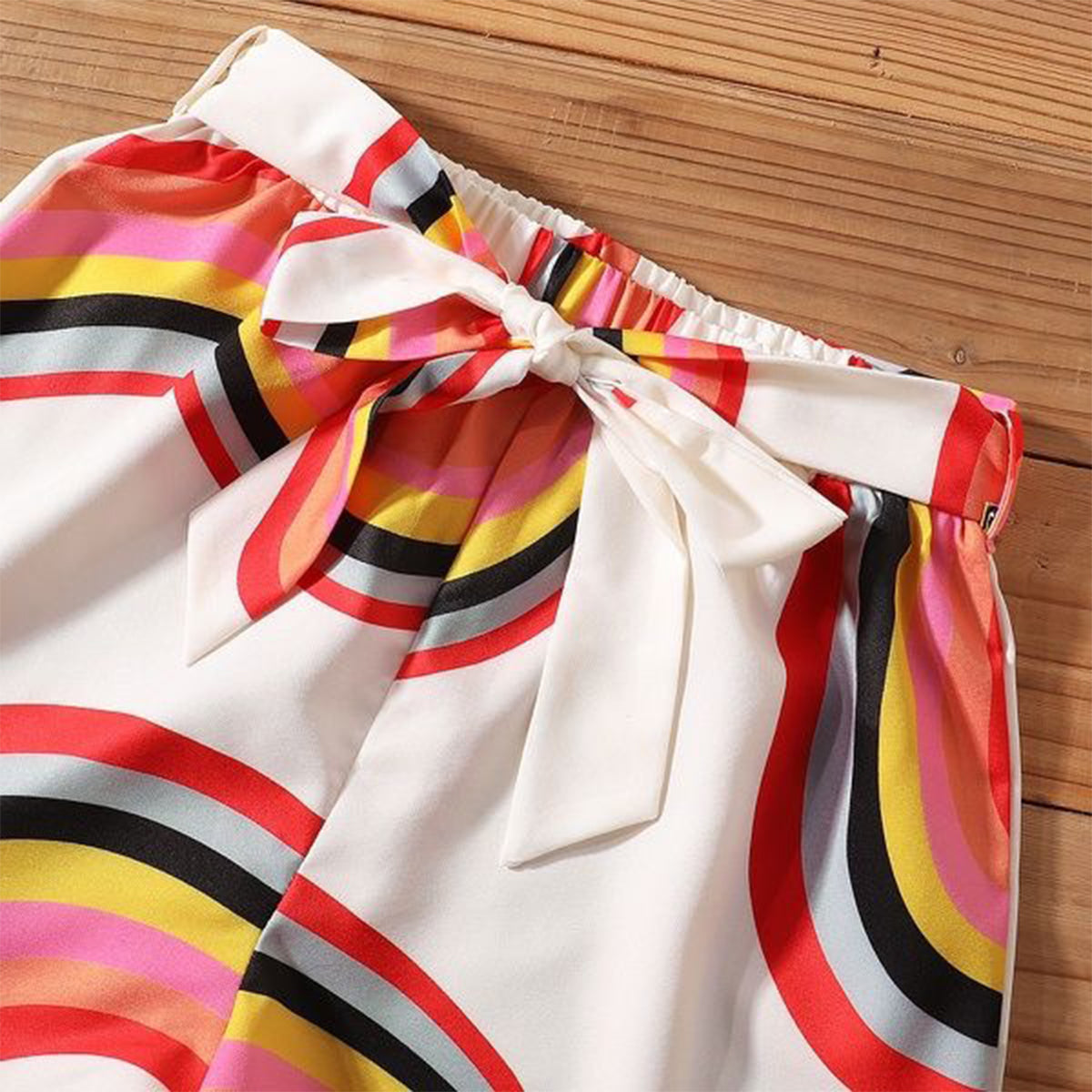 BabyGirl's Off Shoulder Lining Top Sleeveless And Stripes Shorts Set For Kids.