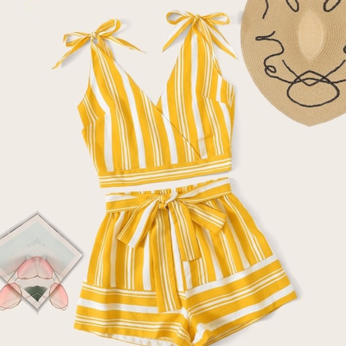 Crop Stylish Yellow Lining Top Sleeveless And Shorts For Baby Girls.