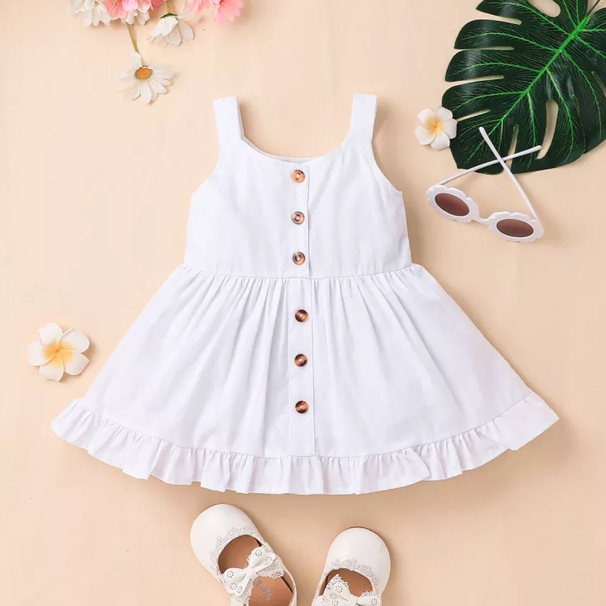 Toddler Girls Stylish Ruffle Hem Fake Button Deginer Frock & Dresses for BabyGirls.