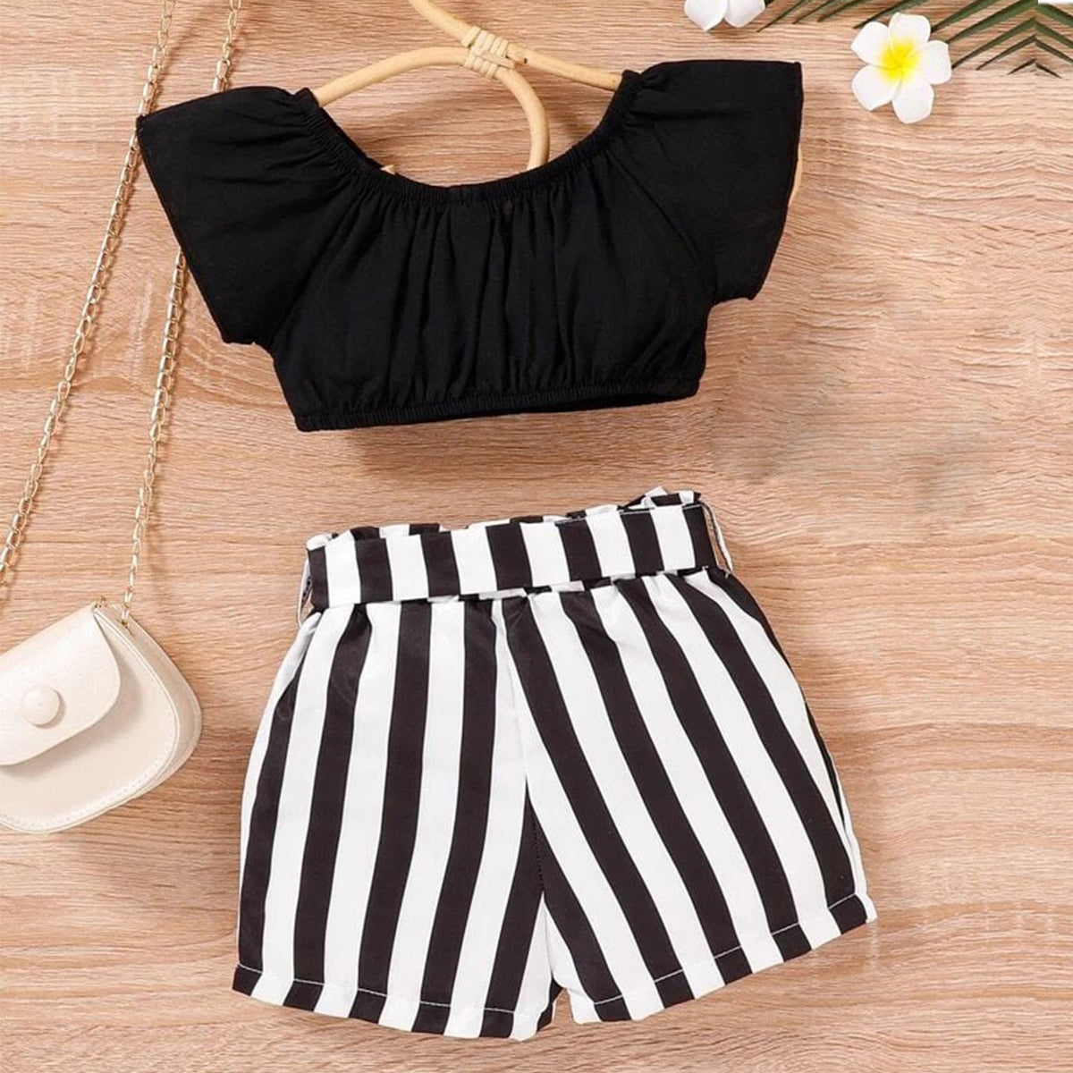 Babydoll Black Puff Sleeve Top & Striped Belted Shorts For Baby Girls.