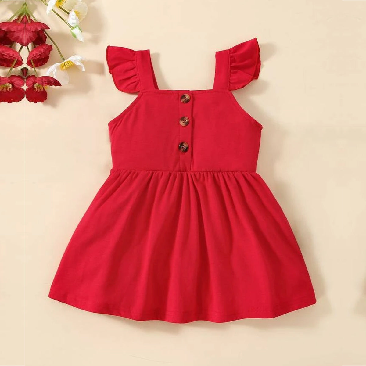 BabyGirl's Cotton Designer Ruffle Trim Button Frocks & Dresses for Kids.