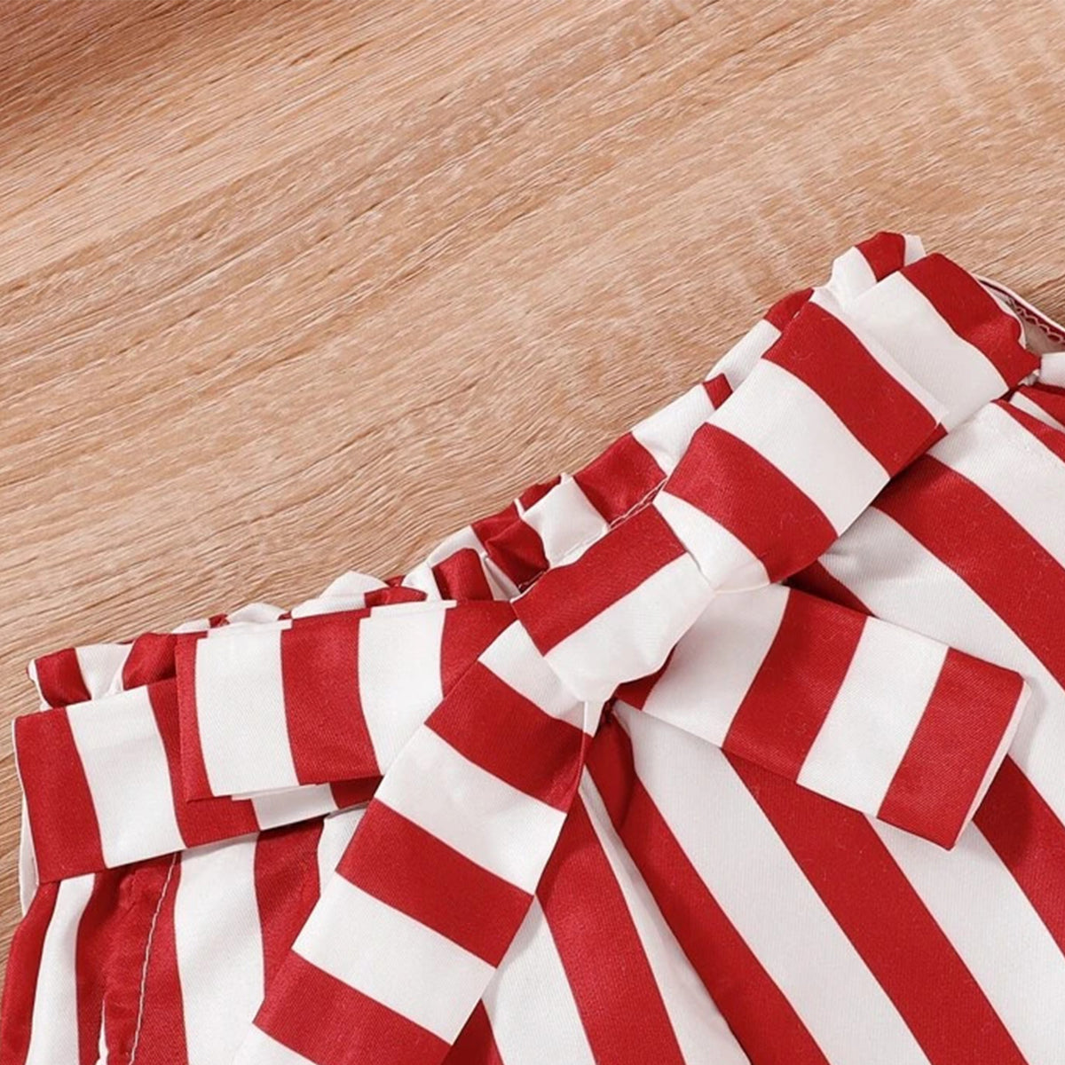 Babydoll Red Puff Sleeve Top & Striped Belted Shorts For Baby Girls.