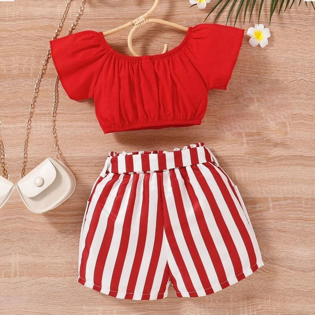 Babydoll Red Puff Sleeve Top & Striped Belted Shorts For Baby Girls.