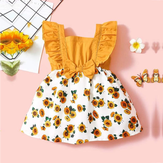 Venutaloza Babydoll Sunflower Print Bow Ruffle Trim Designer Frocks & Dresses for Baby Girl.