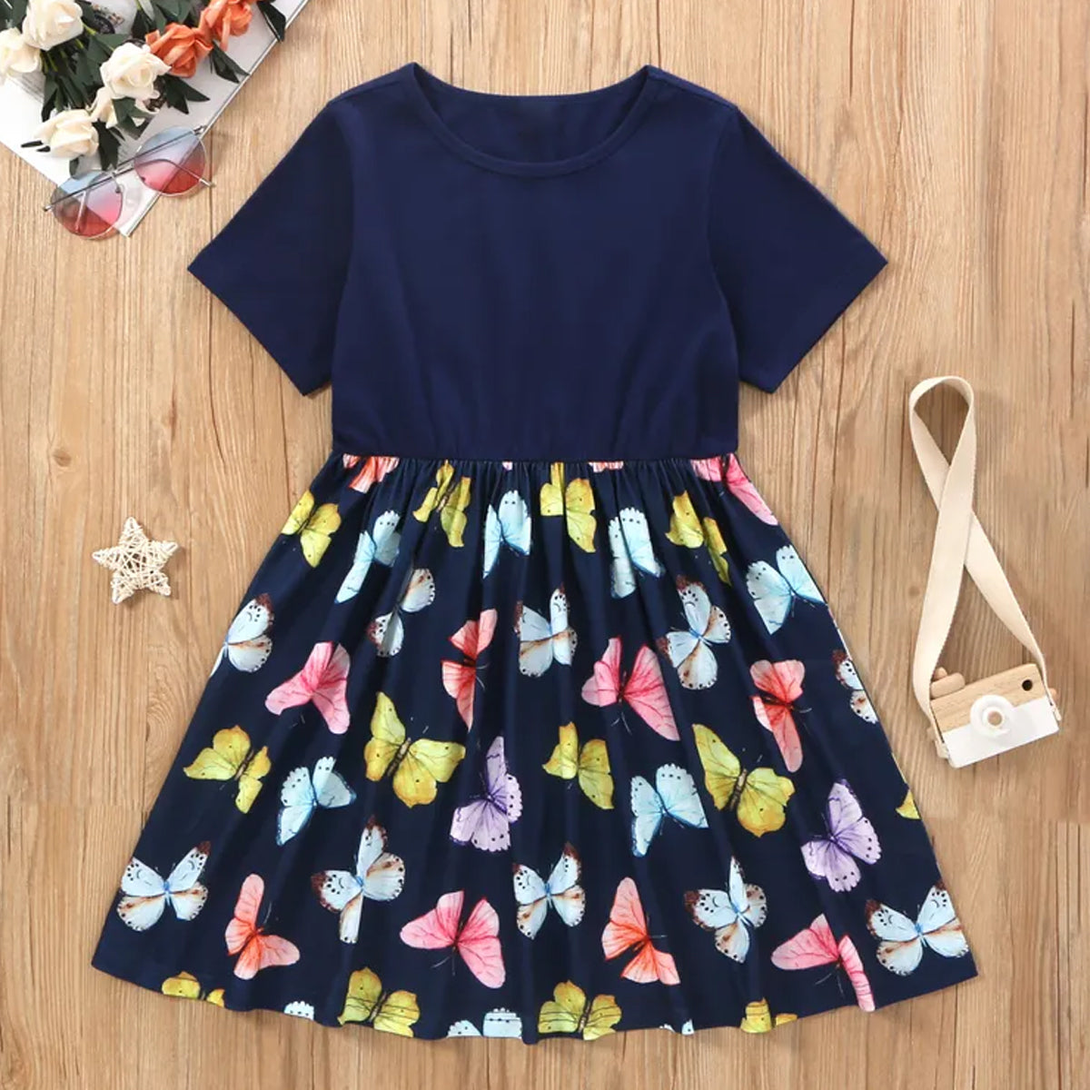 BabyGirl's Cotton Blue Butterfly Designer Frocks & Dresses for Kids.