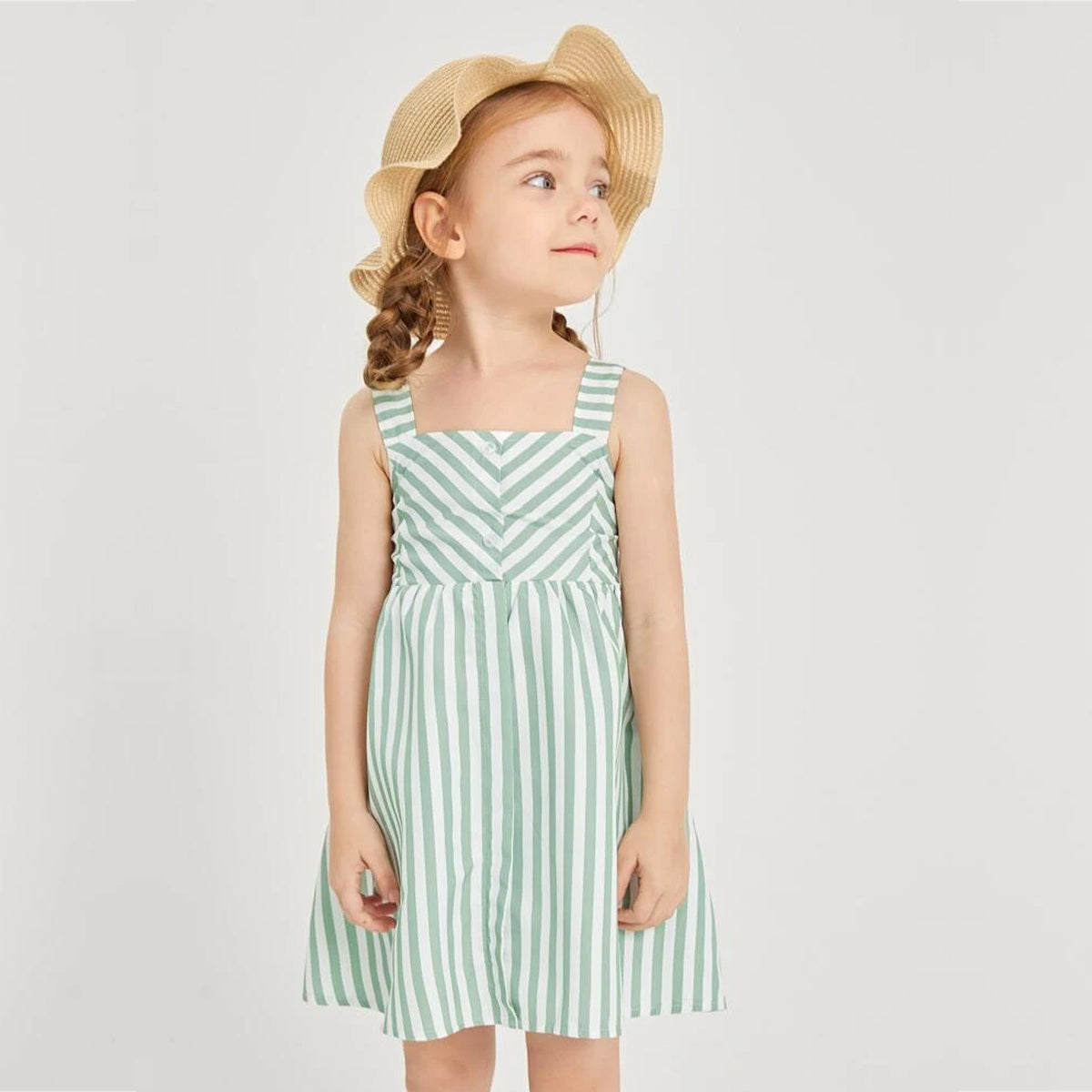 BabyGirl's Cotton Green Striped Cami Frocks & Dresses for Kids.