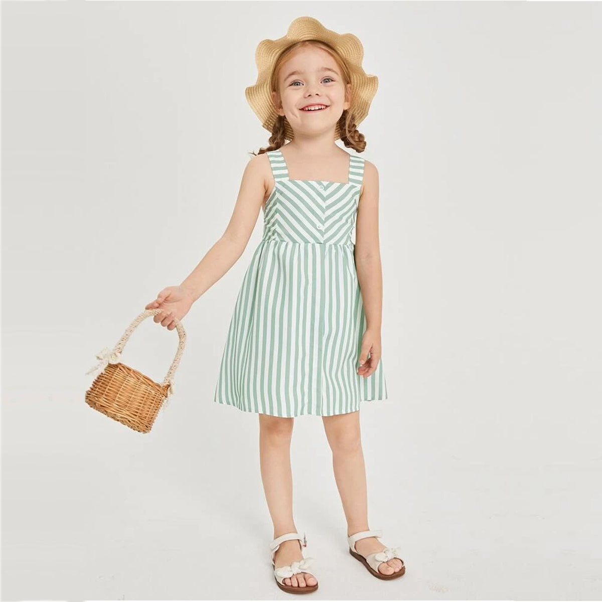 BabyGirl's Cotton Green Striped Cami Frocks & Dresses for Kids.
