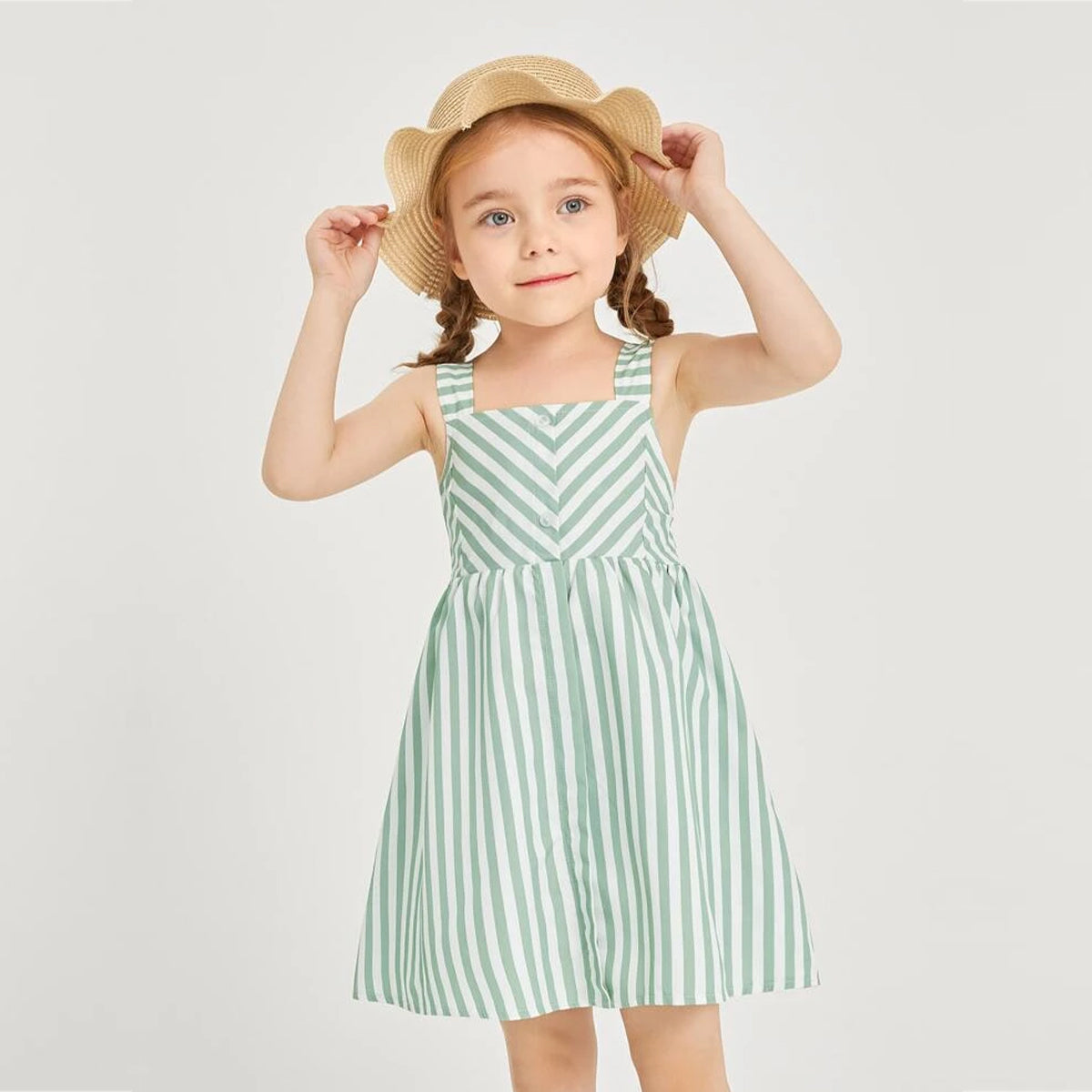 BabyGirl's Cotton Green Striped Cami Frocks & Dresses for Kids.