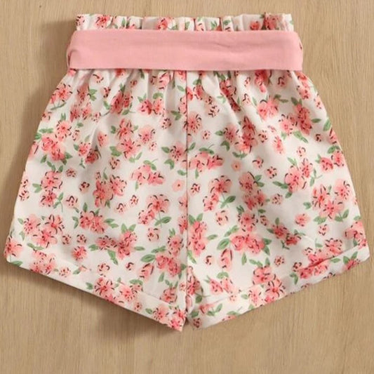 Crop Pink Floral Stylish Butterfly Belted Shorts For Baby Girls.