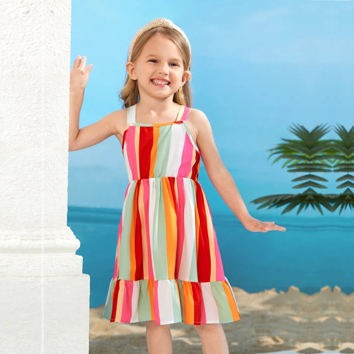 Kids New Fashion Striped Ruffle Hem Frock & Dresses for Baby Girls.