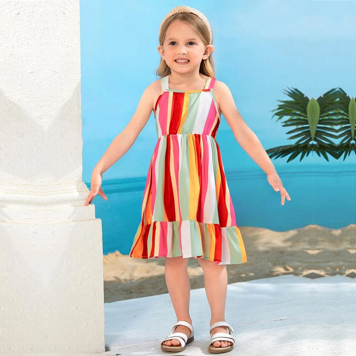 Kids New Fashion Striped Ruffle Hem Frock & Dresses for Baby Girls.