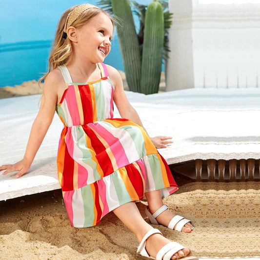 Kids New Fashion Striped Ruffle Hem Frock & Dresses for Baby Girls.