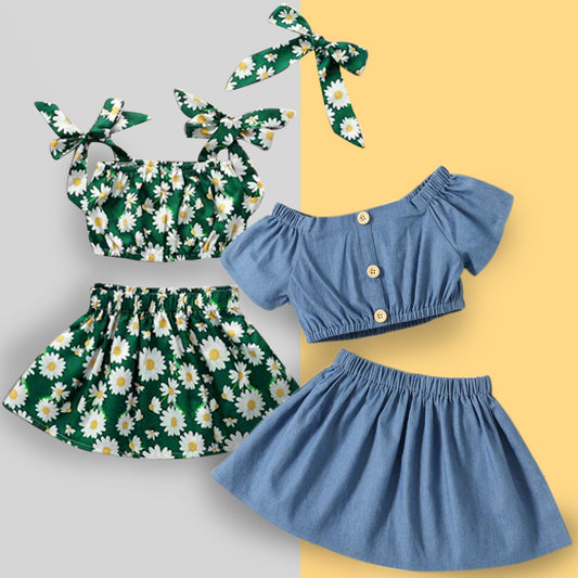 BabyGirl's Stylish Ditsy Layered & Green Tops And Skirt Set (Combo Pack Of 2) Combo for Kids.