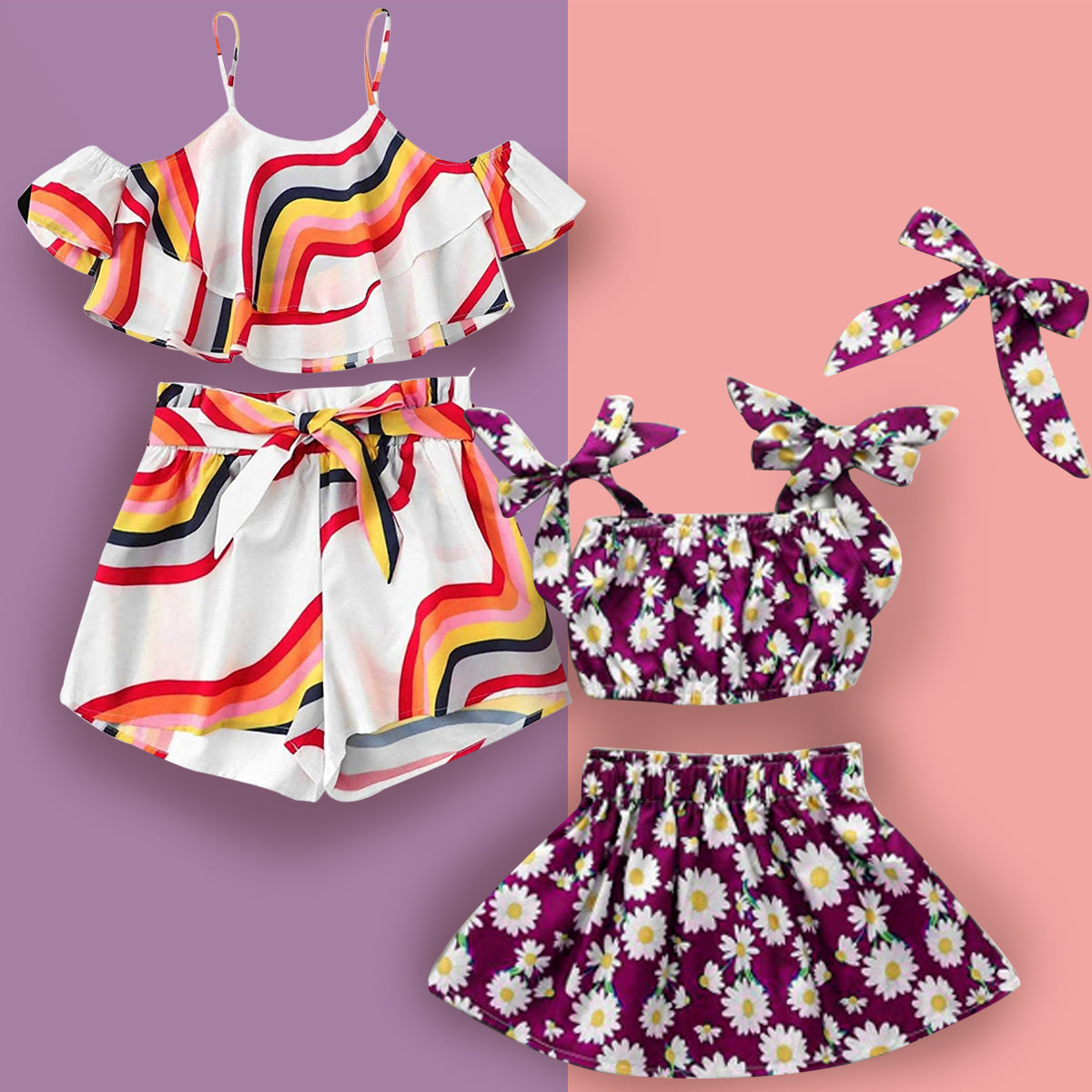 BabyGirl's Princess Stylish Lavender Floral & Multi lining Top Sleeveless And Shorts ( Combo Pack Of 2 ) for Kids.