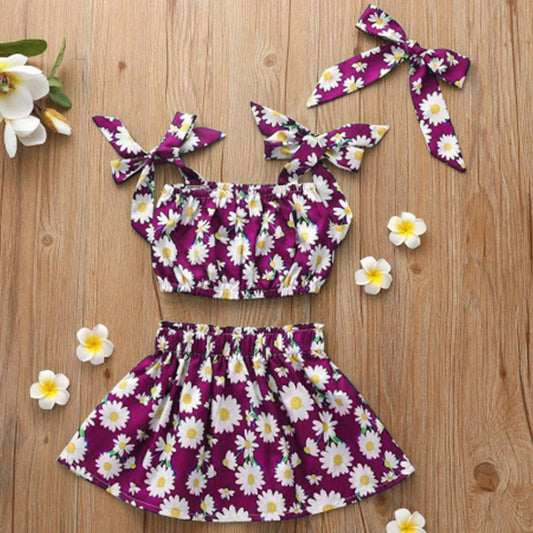 Floral Print Tie Front Top and Skirt Set For Baby Girls.