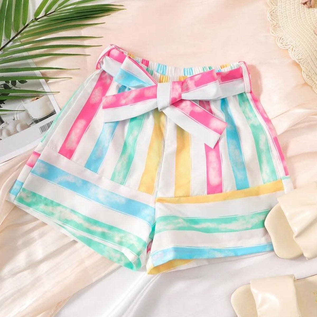 Babydoll Rainbow Cut And Sew Belted Shorts For Girls.