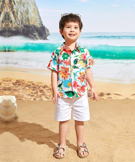 Venutaloza Floral & Tree Coconut Designer Button Front Shirt For Boy.