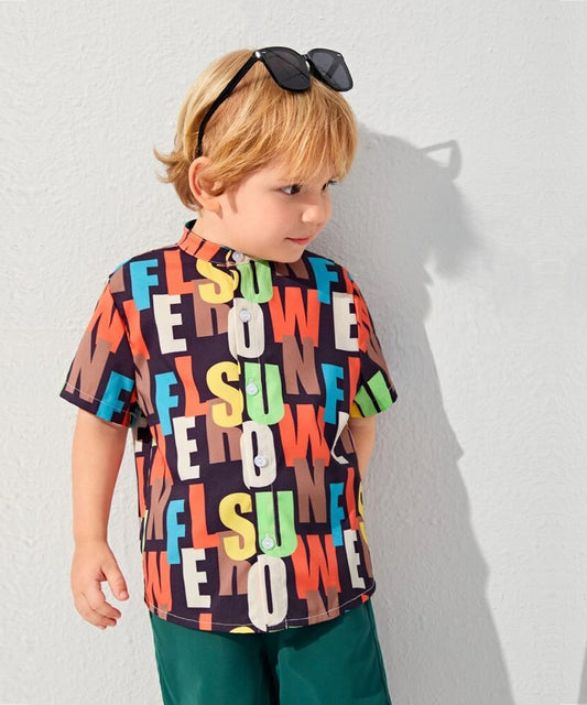 Venutaloza Multicolor & Letter Graphic Designer Button Front Shirt For Boy.