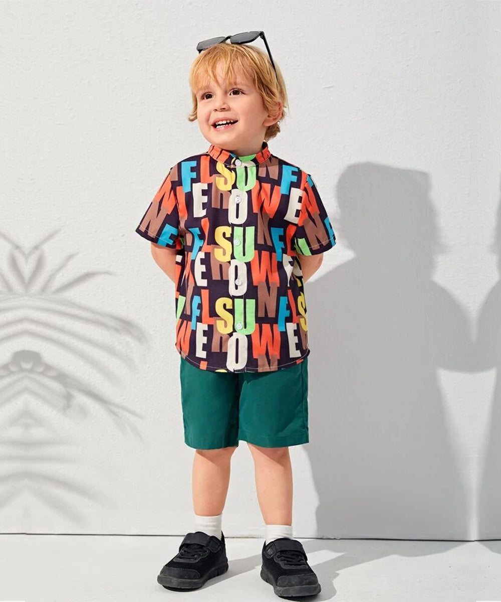 VENUTALOZA Letter Graphic Mock Neck & Button Front Shirt For Boy.