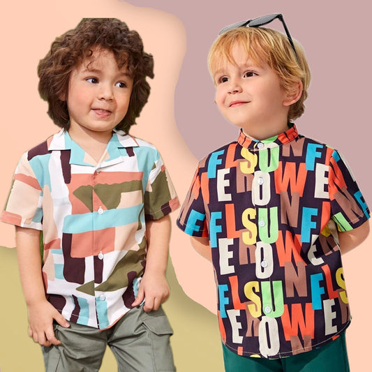 Venutaloza Multicolor & Letter Graphic Designer Button Front Shirt For Boy.