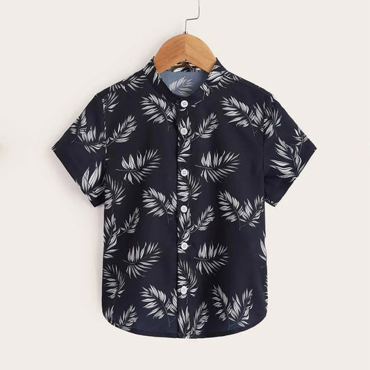 Venutaloza Tropical Floral Black Print Button Front Shirt For Boy.