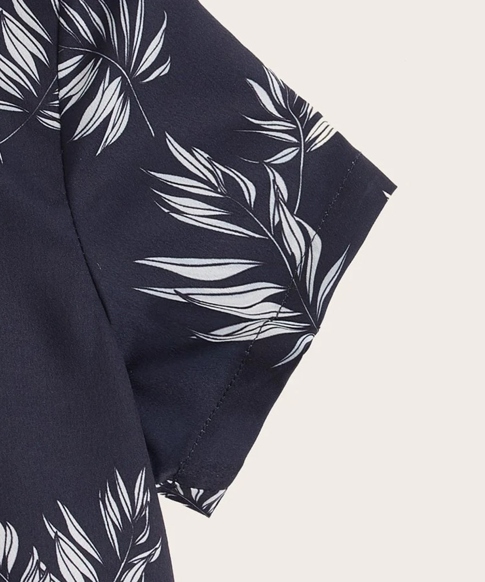 Venutaloza Tropical Floral Black Print Button Front Shirt For Boy.