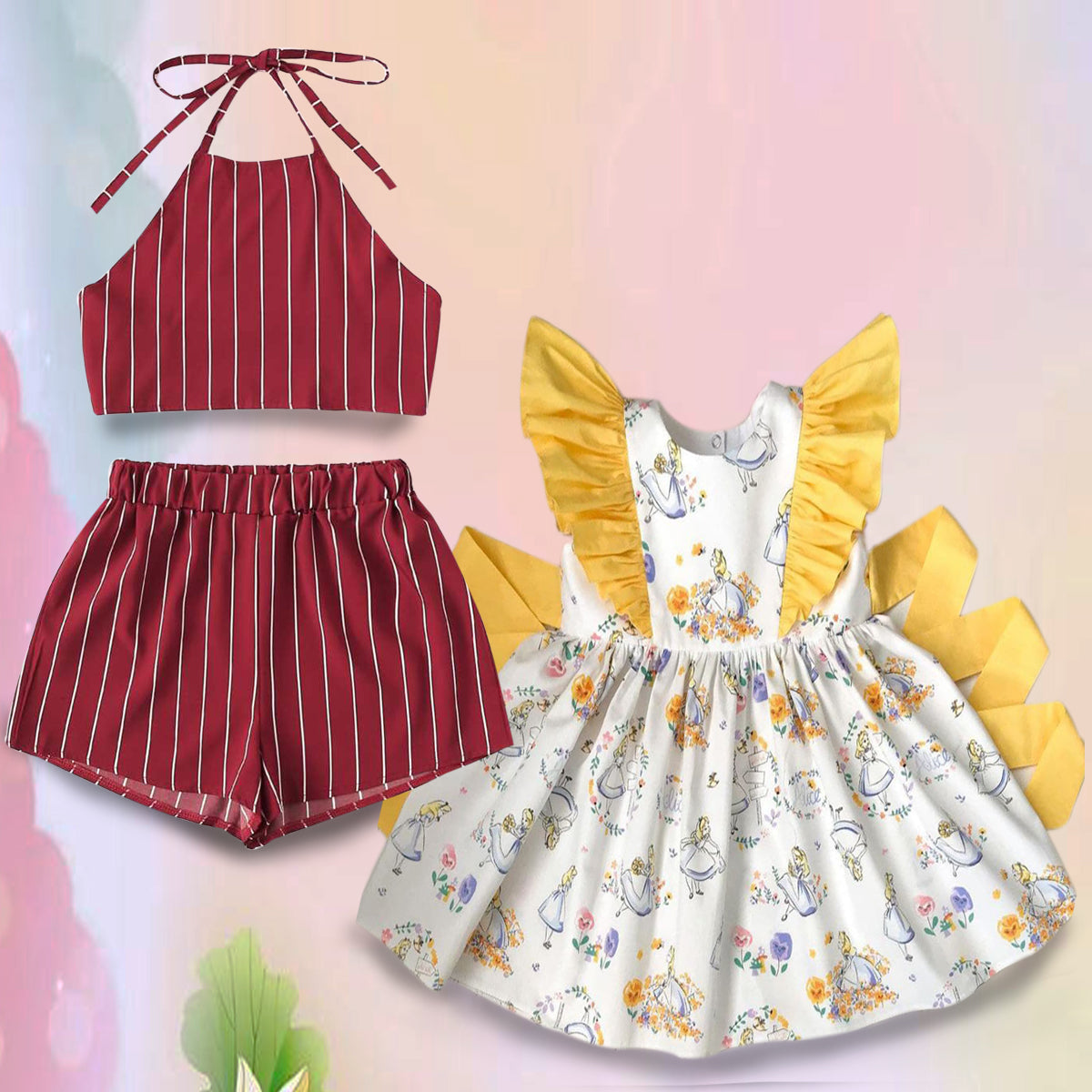 Stylish BabyGirl's Barbie Girl Dress & Maroon Top Sleeveless And Shorts Combo for Kids.