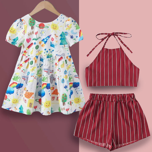 Stylish Maroon Top Sleeveless And Shorts & Draw Designer Tunic Dresses_Frocks Combo for Kids.